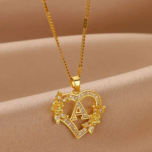 Zircon Flower Initials Necklaces For Women Stainless Steel Heart Gold Color Necklace